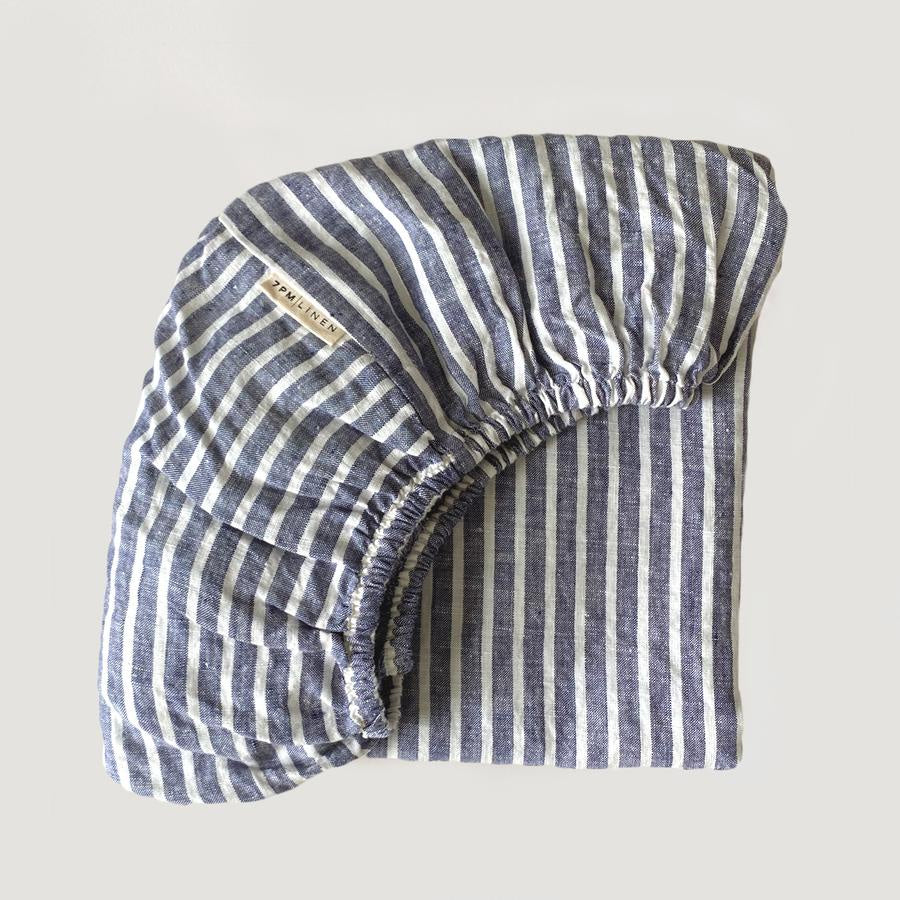 7 Pm Linen Cot Sheet (sea breeze stripe)