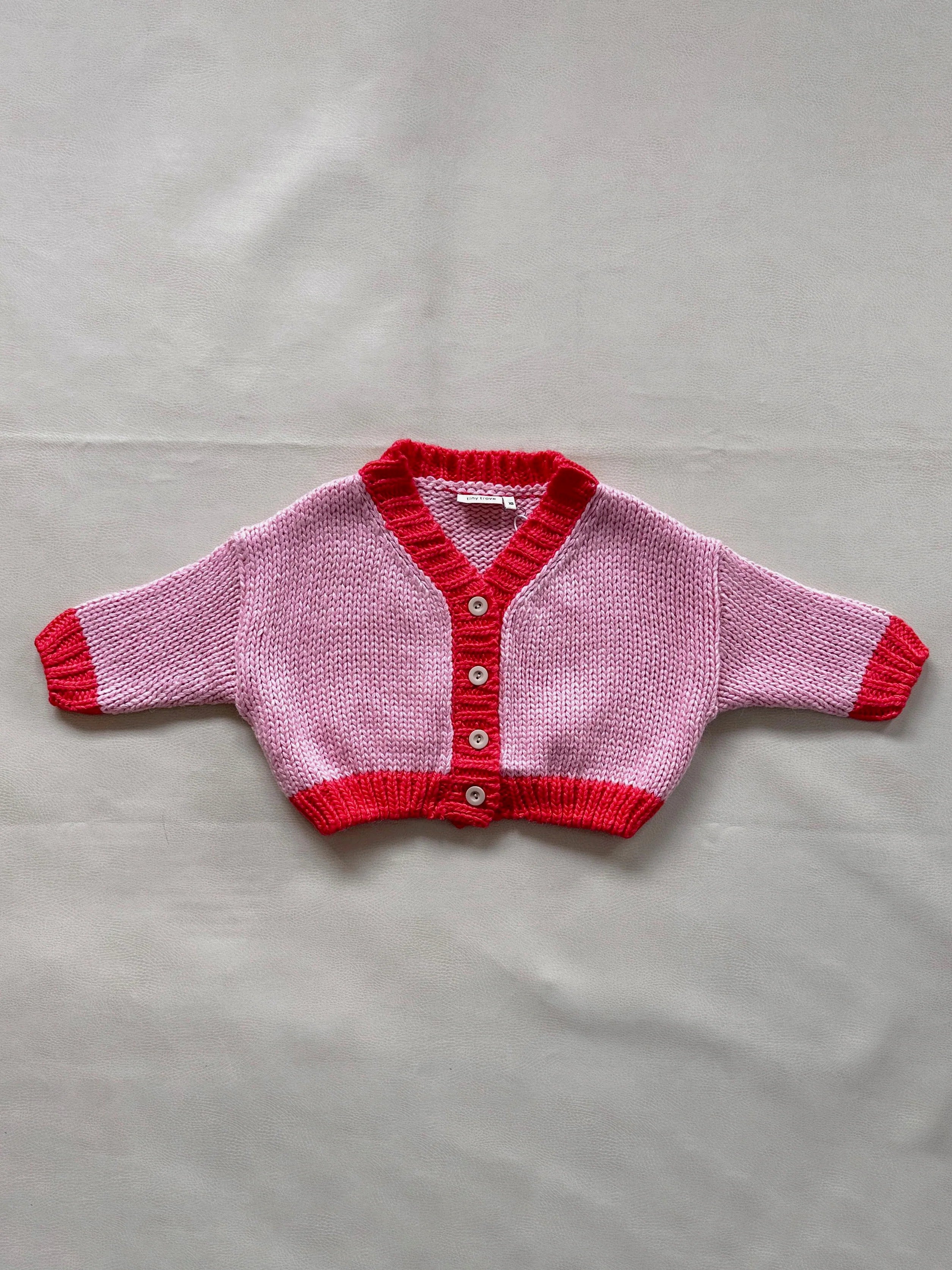 Tiny Trove Zuri Contrast Knit Cardigan (pink/red)