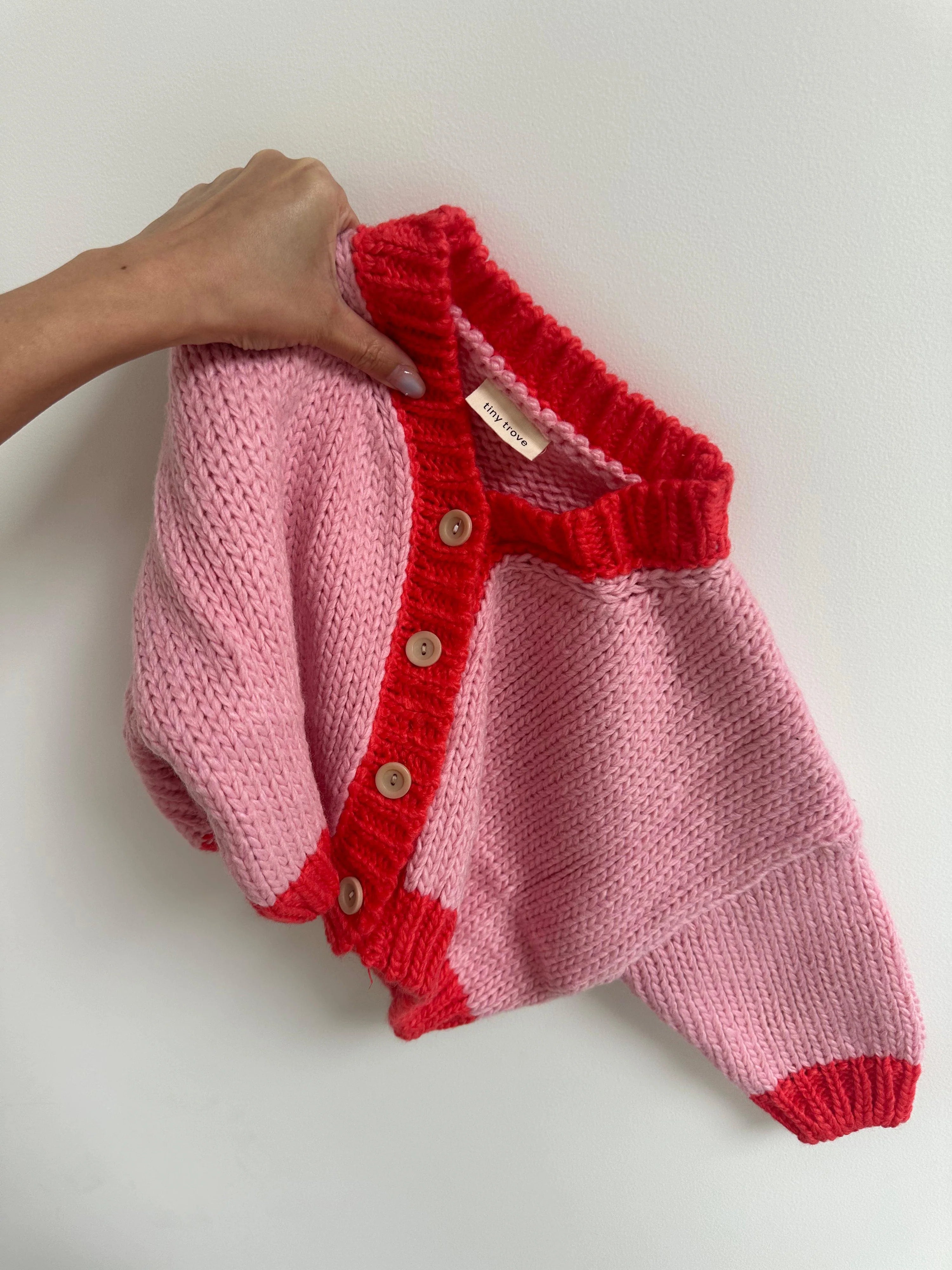 Tiny Trove Zuri Contrast Knit Cardigan (pink/red)
