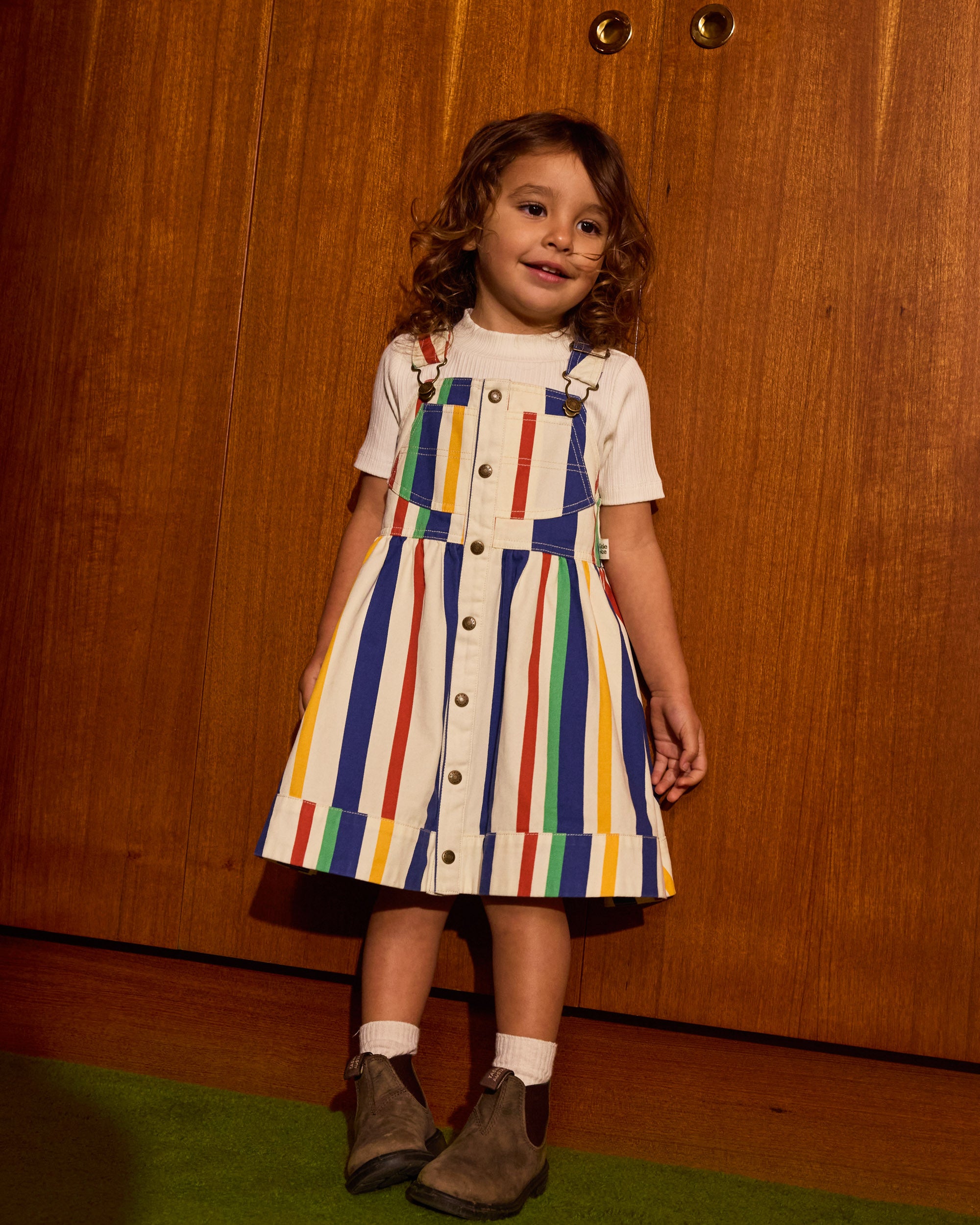 Goldie and Ace 90's Bold Stripe Heidi Denim Pinafore Dress