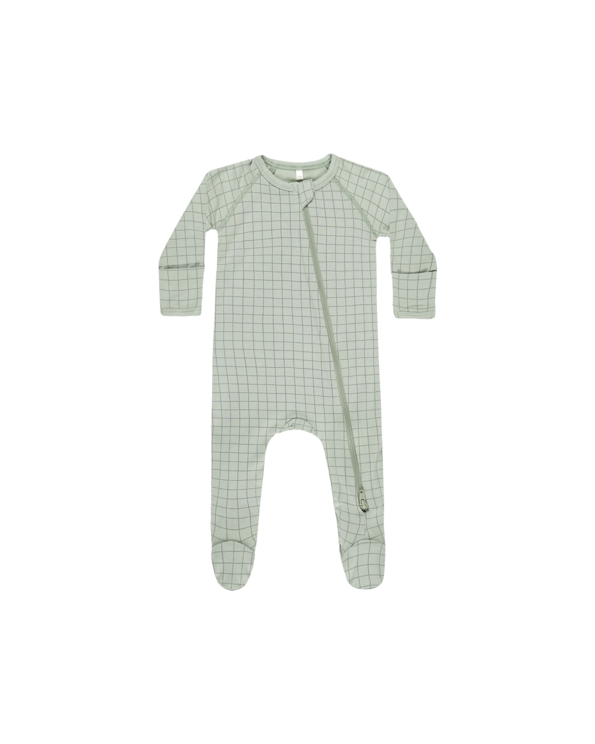 Quincy Mae Bamboo Zip Footie (sage grid)