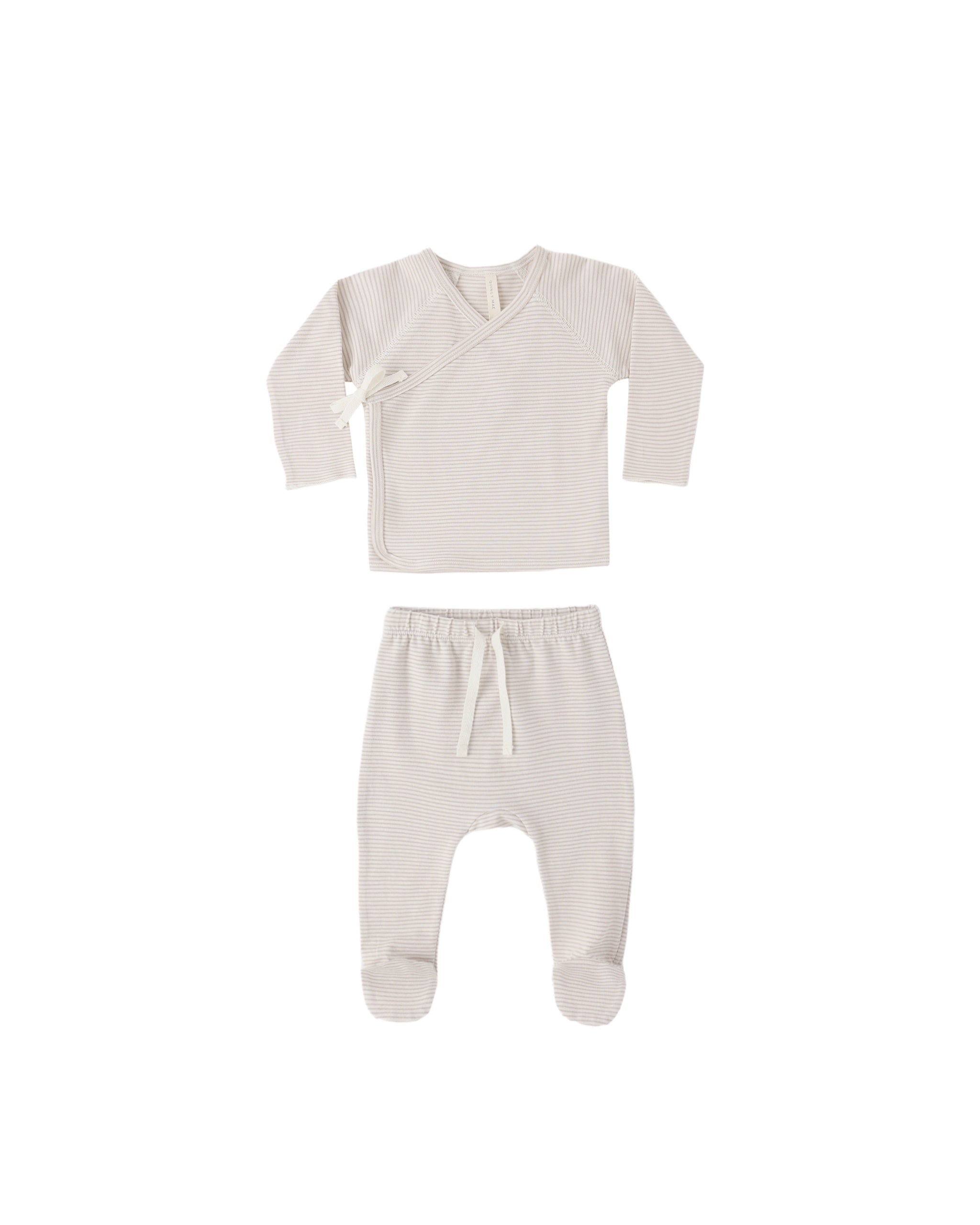 Quincy Mae Wrap Top and Footed Pant Set (oat micro stripe)