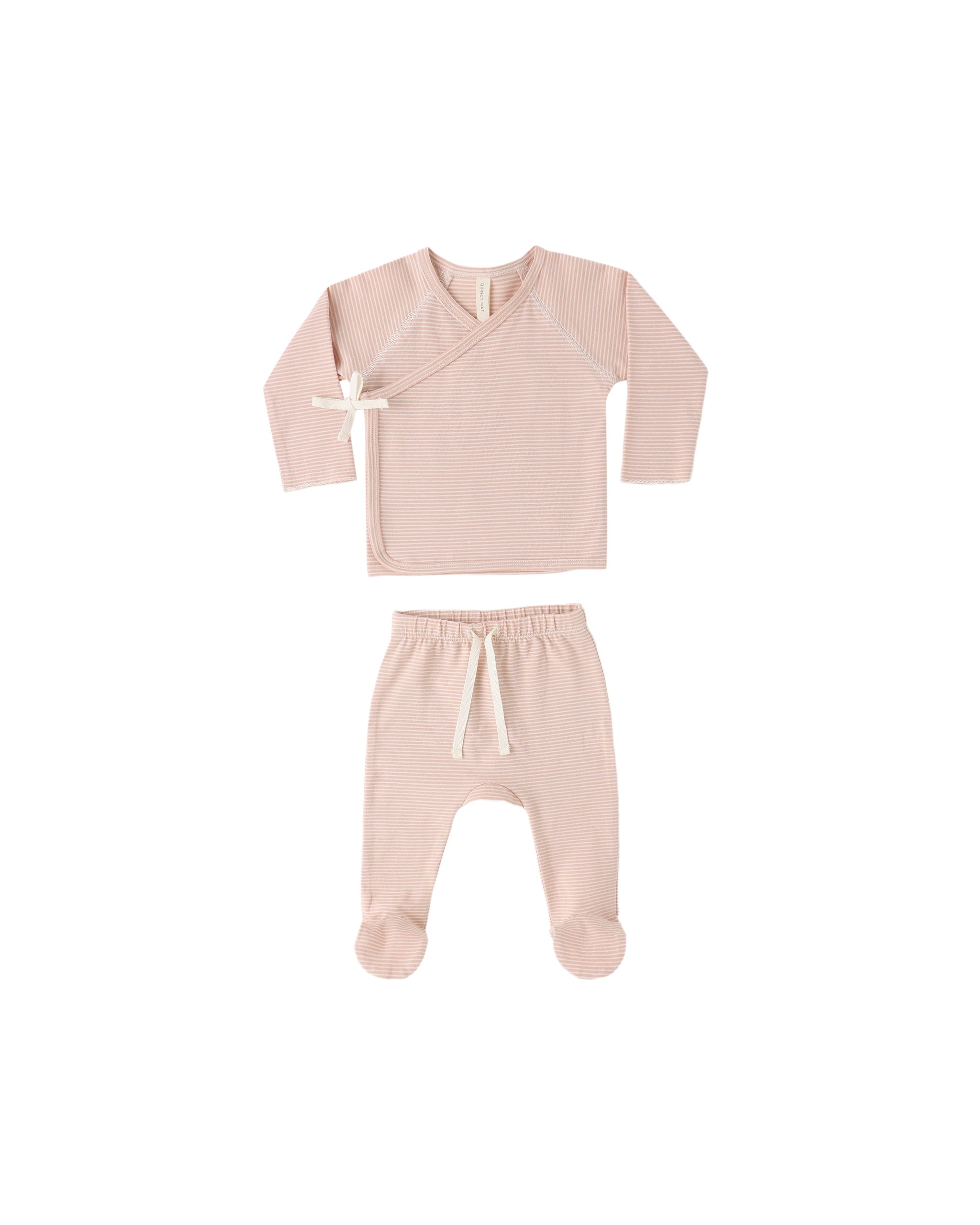Quincy Mae Wrap Top and Footed Pant Set (melon micro stripe)