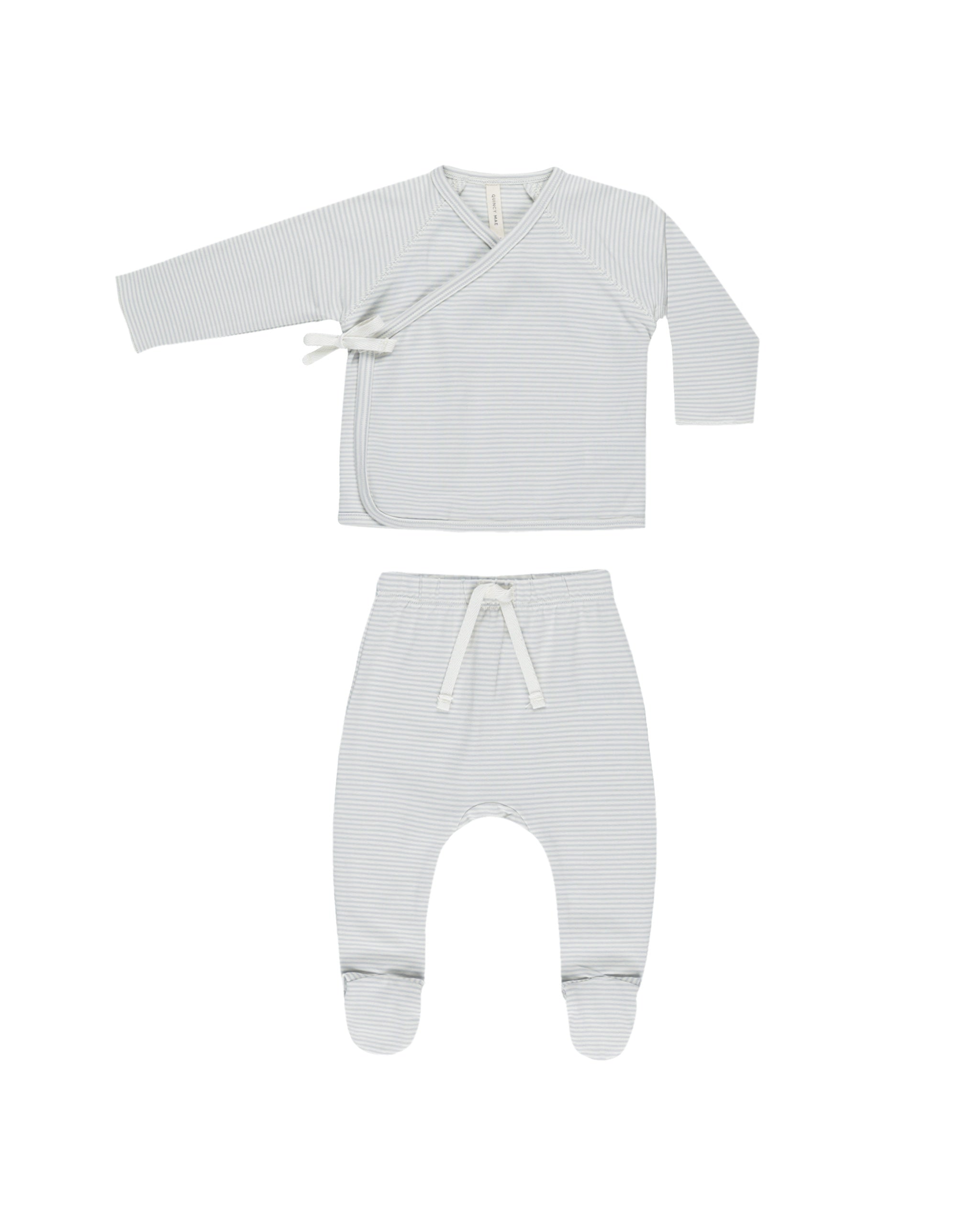 Quincy Mae Wrap Top and Footed Pant Set (sky micro stripe)