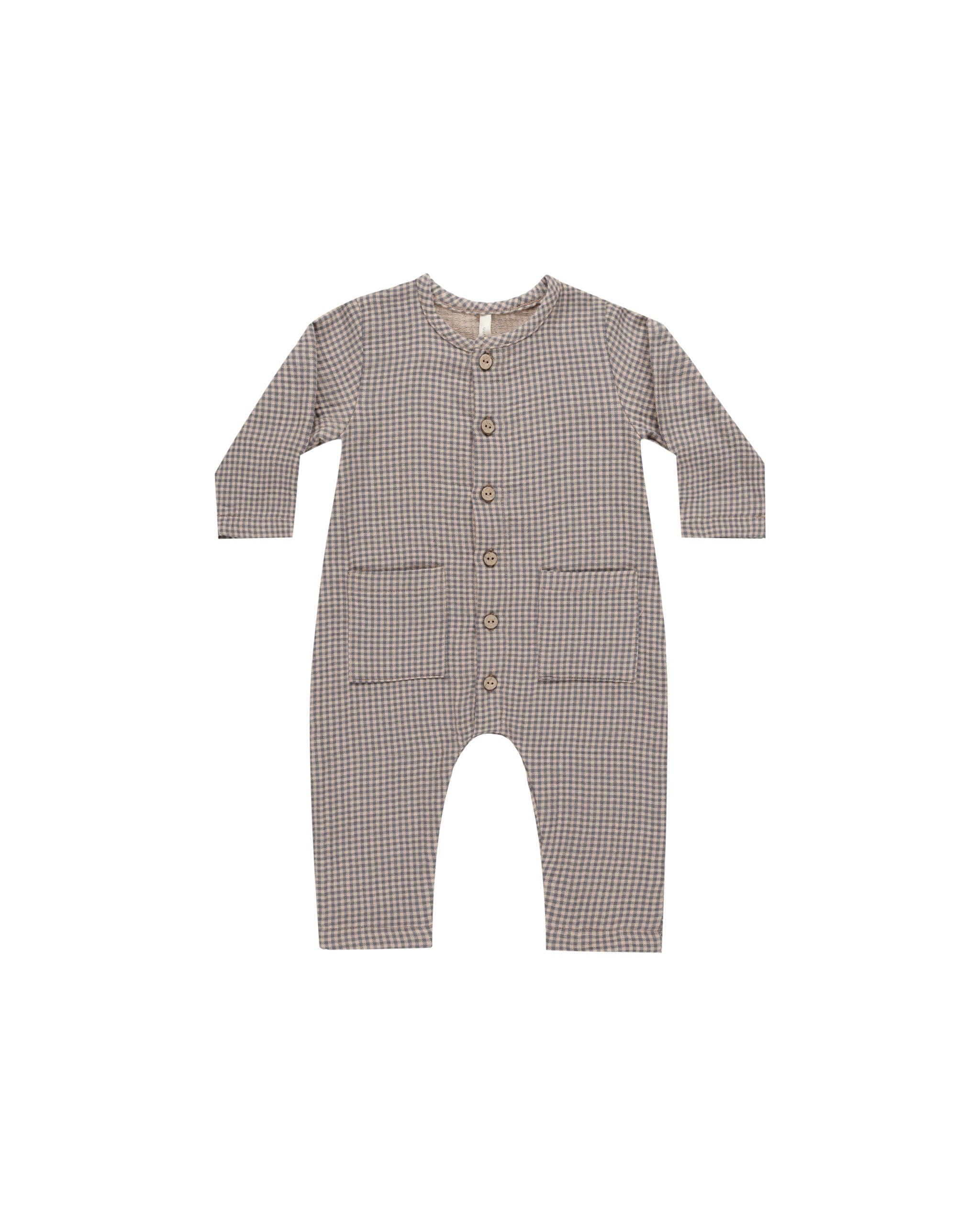 Quincy Mae Pocketed Woven Jumpsuit (indigo gingham)