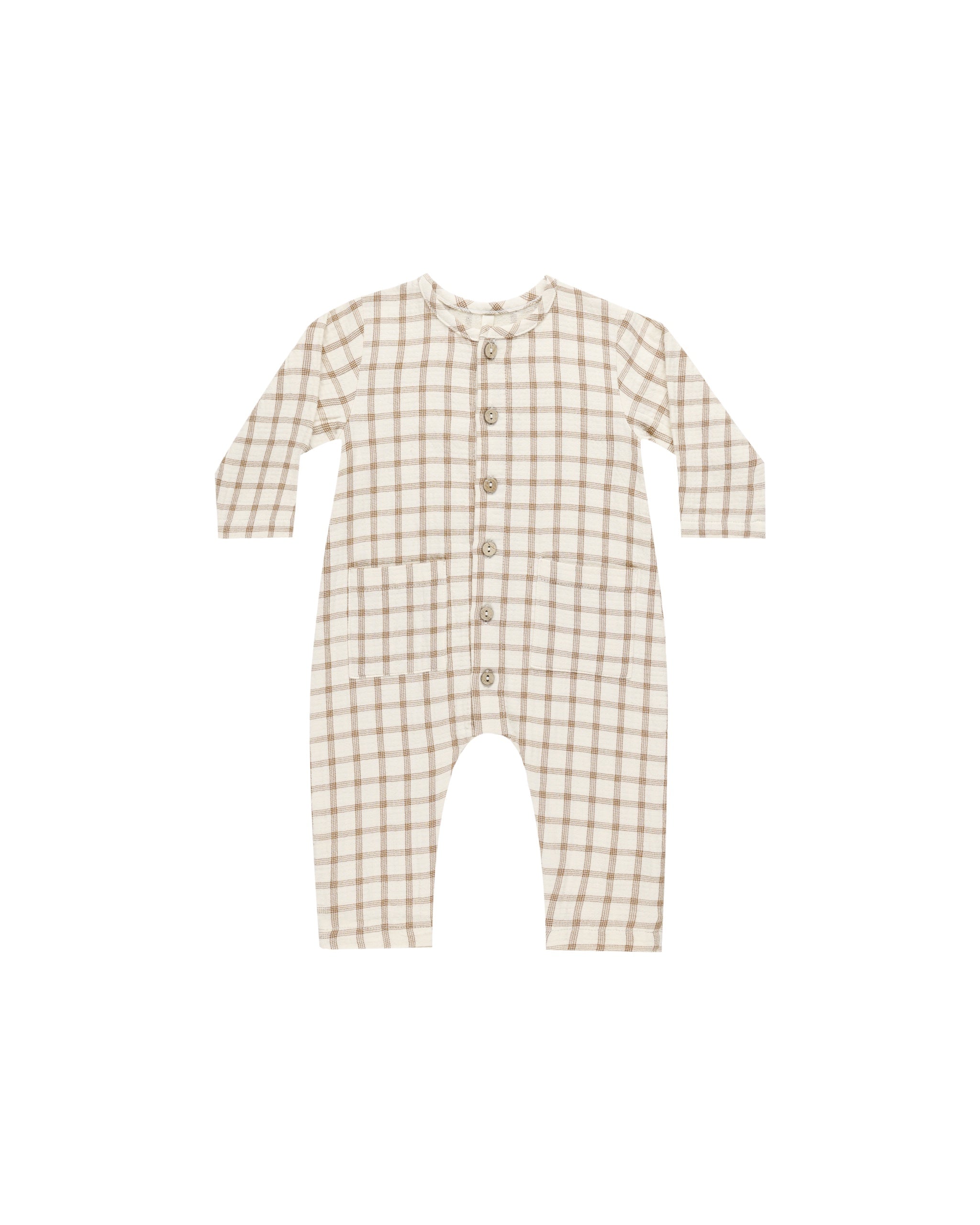 Quincy Mae Pocketed Woven Jumpsuit (cinnamon plaid)